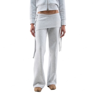Custom Grey Wrap <b>Flared</b> Pants Mid Weight Cotton Jersey Relaxed Fit Breathable Sweatpants <b>Joggers</b> for <b>Women</b> - Product Image 1