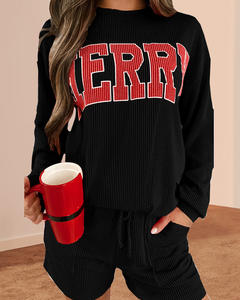 เซ็ตชุดใส่อยู่บ้านถักลายสำหรับผู้หญิงคอลเลคชั่นคริสต์มาส2025ชุดใส่เล่นแบบลำลองสีแดงเสื้อแขนยาวกางเกงขาสั้นมีสายรัดสุขสันต์วันคริสต์มาส - Product Image 6