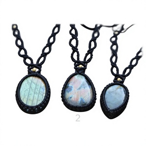 Handmade Natural Stone Macrame Pendant Necklace Bohemian Style Oval Shape Hemp <b>Rope</b> <b>Chain</b> Unisex Everyday Wear - Product Image 1