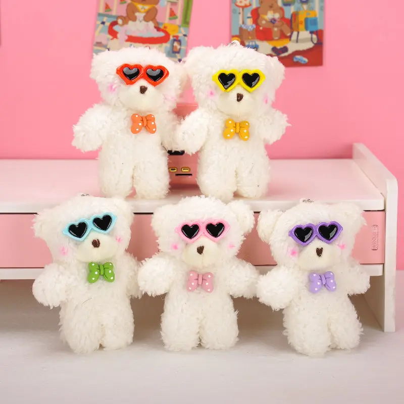 10cm Small White Lovely Cartoon Animal Plump Plush Toy Car Bag Keychain Bear With Heart Glasses