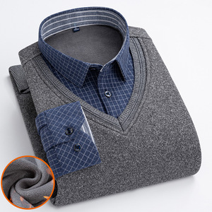 Maglione da <span class=keywords><strong>uomo</strong></span> caldo <span class=keywords><strong>in</strong></span> <span class=keywords><strong>pile</strong></span> caldo all'ingrosso autunno inverno camicie da <span class=keywords><strong>uomo</strong></span> False 2 pezzi con risvolto Casual a maniche lunghe <span class=keywords><strong>camicia</strong></span> <span class=keywords><strong>in</strong></span> maglia - Product Image 2