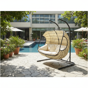 Modern Kugu Exterior Outdoor Furniture Indoor Wood Garden Adult Double Seat Patio Hanging Egg <b>Swing</b> Chair Metal Stand for Hotel - Product Image 3