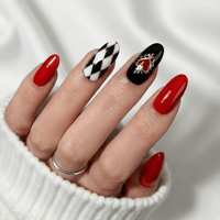 Ongles à presser en ABS de luxe, style gothique, motif As, rouge et noir, formes ovales et amandes, 24 pièces, longueurs courte/longue/moyenne