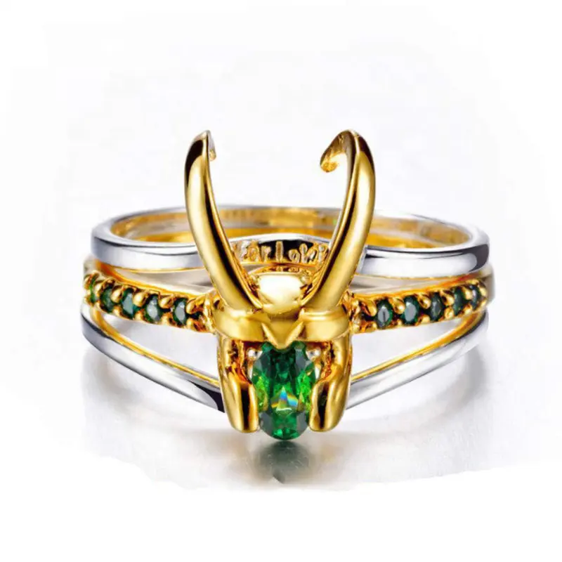 Anello tre In uno Loki Thor anello con diamante verde placcato oro 18 carati Cosplay accessori per Anime anello per casco Loki per gioielli da coppia