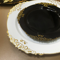 Ensemble de couverts de fête en plastique réutilisable, chargeur de vaisselle, ensemble de couverts en plastique noir et or avec assiette pour mariage