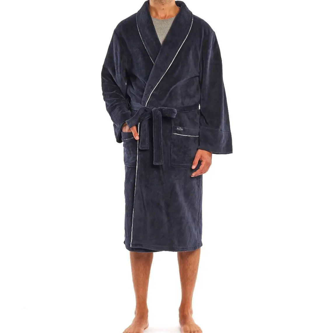 Customizable Stylish Design Flannel lightweight Men Bathrobe with Piping Navy Fleece Dressing Gown