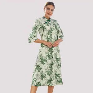 TICOSA New Chinese-style buckle national style improved cheongsam gentle and elegant light green printed half-sleeved dress