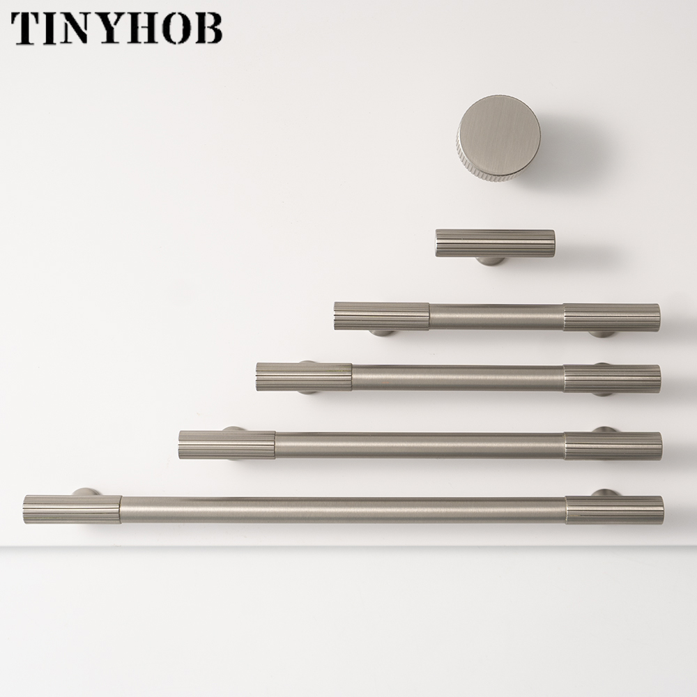 Satin Nickel Solid Brass Cabinet Handle and Knob Linear Knurled Solid Brass Drawer Knobs T Bar Bedroom Kitchen Handle C-3708