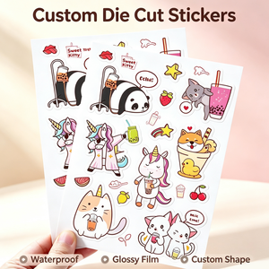 Hojas de Pegatinas Impresas Personalizadas al por Mayor, Pegatinas Decorativas Autoadhesivas Impermeables con Diseño de Panda, Gato, Unicornio y Té de Burbujas - Product Image 1