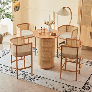Muebles de Exterior, Juego de Sofás de Jardín, Mesa de Centro Redonda Pequeña para <span class=keywords><strong>Bar</strong></span>, Muebles de Ratán Natural para Sala de Estar, Mesa de <span class=keywords><strong>Bar</strong></span> de Madera - Product Image 1