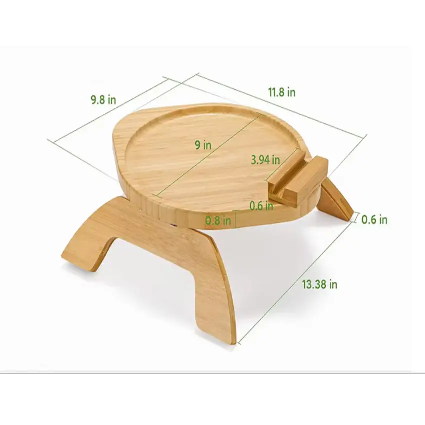 Bandeja de brazo de sofá plegable de bambú con soporte de teléfono giratorio 360 y mesa de sofá estable para comer y beber