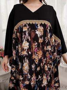 10% One Size Midden-Oosterse bloemenprint contrast paneeljurk met wijde mouwen, losse geborduurde jurk - Product Image 5