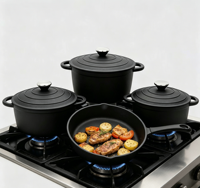 Ensemble de 4 ustensiles de cuisine en fonte : cocotte et poêle à frire, avec double poignée, compatible gaz et induction, pour la cuisson domestique