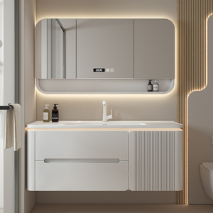 Armoire de salle de bain de luxe à coins arrondis, armoire à miroir intelligente, comptoir blanc, lavabo à coins arrondis - Product Image 3