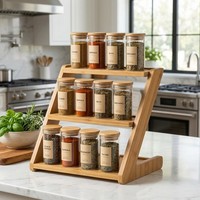 Étagère à épices en bambou à 3 niveaux de style Z, organisateur de comptoir, étagères anti-roulement pour 12 pots à épices, cuisine