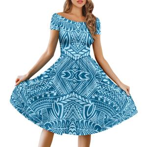 Robe élégante coupe évasée bleu ciel Hawaii Samoan classique <span class=keywords><strong>tatouage</strong></span> Tribal fleurs polynésiennes tissu impression robe de fille - Product Image 1