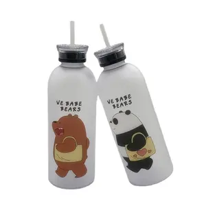 1000ML taşınabilir büyük karikatür su şişesi Panda sevimli ayı buzlu saman kupa gıda sınıfı isıya dayanıklı iyi duygu su şişesi