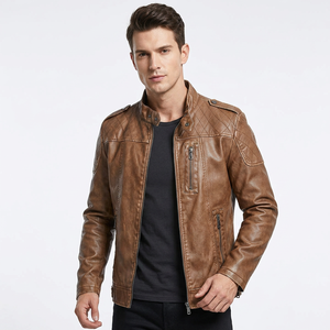 Chaqueta de Cuero Sintético Marrón para Hombre, Diseño con Hombros Acolchados, Corte Ajustado, Estilo Casual, Chaqueta de Motociclista para Otoño - Product Image 4