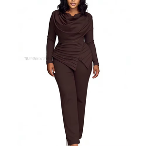Women's <b>Flare</b>-Collar Straight-Leg Pants With Long Sleeves, Asymmetrical Solid-Color Jumpsuit Fashion - Product Image 2