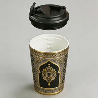 Mug à café en acier inoxydable à double paroi isolé sous vide avec logo personnalisé arabe, étanche, 12 oz, avec revêtement en céramique et boîte cylindrique