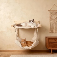 Hamac mural rectangulaire pour chat 48x32x38cm, lit en bois massif à 2 niveaux avec coussin amovible pour chats d'intérieur