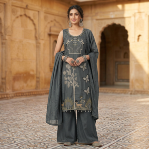 Conjunto de 3 Piezas de Ropa Étnica India al por Mayor, Kurta Bordada, Palazzo y Dupatta para Mujer - Product Image 4