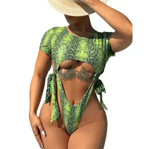 Traje de baño de una pieza con cuello redondo y estampado de serpiente personalizado para mujer Monokini de Bikini transpirable y de secado rápido