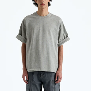 T-shirt Oversize Personalizzata all'Ingrosso a Manica Corta in Cotone Premium a Fibra Lunga con Cuciture a Mano, <span class=keywords><strong>Frange</strong></span> Grezze e Collo a Girocollo Stretto, Vestibilità Boxy - Product Image 1
