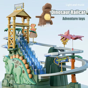 Juego de Pista de Carreras de Dinosaurios para Niños con Escaleras, Luces y Música, Juguete de Montaña Rusa, Tobogán y Pista de Autos - Product Image 6