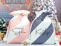 Sacs de Noël personnalisés à rayures avec pompons, en toile, grand sac de Noël, sac cadeau de Noël pour enfants, sac de Noël à rayures avec pompons