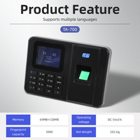 TA-700 Système de contrôle d'accès biométrique de machine de présence de temps d'empreinte digitale 2.4 pouces TFT USB prise en charge multilingue