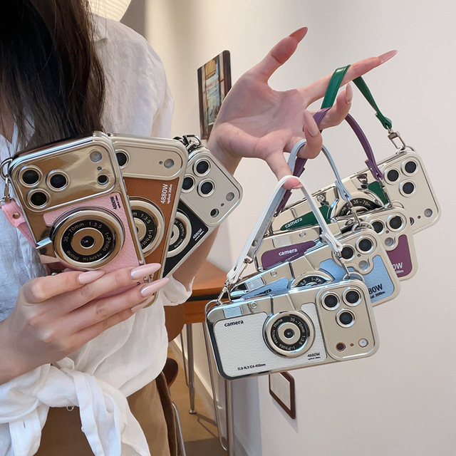 Electroplated Vintage Camera Phone Case With Hand Lanyard for iphone 17 16 15 Pro Max 15 14 Plus 13 12 11 Retro 3D Camera Case