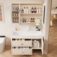 Set Kabinet Kamar Mandi Dinding Pintar Lengkung Aluminium Model Sarang Lebah Gaya Prancis Terintegrasi dengan Wastafel Keramik dan Cermin