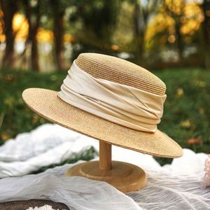Wholesale Female <b>Straw</b> Hat With Satin Ribbon Wide Brim Sun Beach Hat Summer French Flat Top Bowler <b>Straw</b> Hat - Product Image 5