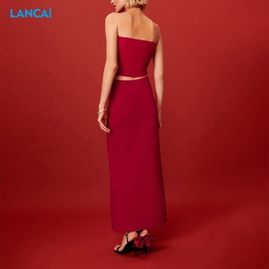 Summer Sling Top With <b>Red</b> High Waist Long Dress Two Piece Midi <b>Tight</b> Solid Sleeveless Sexy Set - Product Image 4