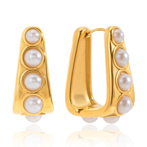 Huggie Earrings Gold Tone Pearl Inlay Geometric Shape Stainless Steel Everyday Wear Jewelry for Women - Product Image 5