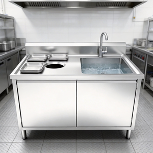 Évier en acier inoxydable à compartiment unique avec goulotte de vidage intégrée au comptoir et armoire de rangement, station de lavage pour cuisine commerciale - Product Image 4