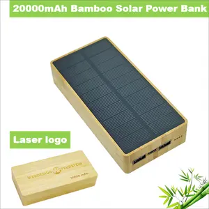 Banque d'énergie solaire en bambou écologique 20000mah pour les voyages en plein air grande capacité USB batterie externe de camping LED éclairant le logo