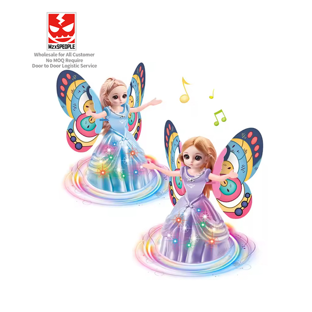 Custom Fashion Doll Children's Electric Music Lighting Universal Rotation Dancing Girl ABS Princess Toy with Butterfly Wings