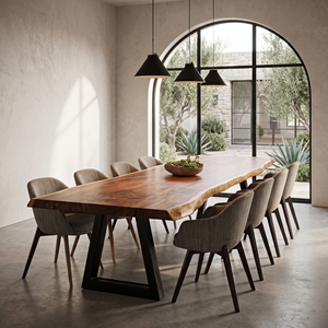 Mesa de Comedor Moderna Industrial de Madera Maciza con Borde Natural, Patas de Metal Negro y Sillas Tapizadas - Product Image 6