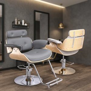 Fauteuil de Barbier Moderne avec Siège en Similicuir et Dossier en Bois, Hauteur Réglable par Levage Hydraulique, Mobilier de Salon - Product Image 1