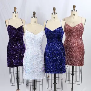 Lace Up Back V Neck spaghetti straps velvet Sequin Dresses for Ladies Party Homecoming