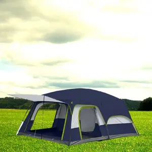 Tenda pondok ekstra besar warna biru, tenda kabin 2 kamar dinding lurus, tahan air, tenda Gazebo ganda.