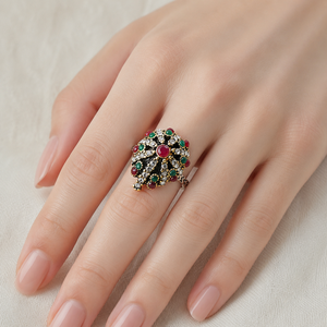 Anello retrò turco con pietre bicolore, gioiello classico da donna per l'uso quotidiano - Product Image 3