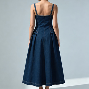 <span class=keywords><strong>Robe</strong></span> longue plissée en <span class=keywords><strong>jean</strong></span> vintage pour <span class=keywords><strong>femme</strong></span>, col cœur, sans manches, coupe trapèze, style midi - Product Image 3