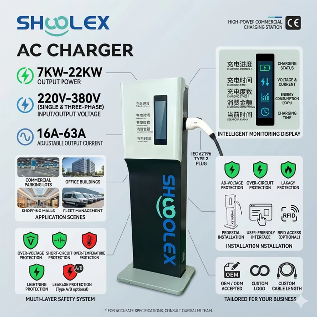 New 22kW ThreePhase AC EV Charger with Type 2 Plug Smart Display for KWhTimeCost for Parking Lots and Shopping Centers