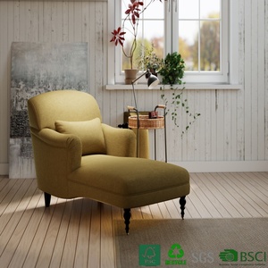 <span class=keywords><strong>Chaise</strong></span> <span class=keywords><strong>longue</strong></span> rembourrée jaune moutarde moderne avec structure en bois massif et roulettes - Fauteuil de détente écologique et durable - Product Image 1