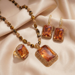 JOYE - Juego de Joyas de Cristal Ámbar Vintage al por Mayor, Juego de Collar, Pendientes y Anillo de 3 Piezas para Mujer, Accesorios Retro - Product Image 5