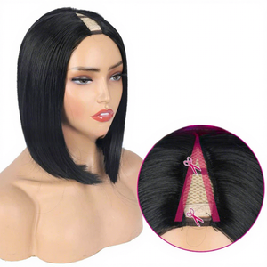 Perruque Bob <span class=keywords><strong>V</strong></span>-Part en cheveux humains ondulés de 8 à 14 pouces, avec mécanisme en <span class=keywords><strong>V</strong></span> transfrontalier euro-américain et bonnet, noire - Product Image 2