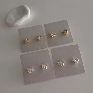 Boucles d'oreilles clous irrégulières en argent S925, motif cœur et perle carrée, pour femmes et jeunes filles, bijoux tendance et originaux - Product Image 3